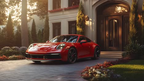 red sports car in front of a luxurious mansion