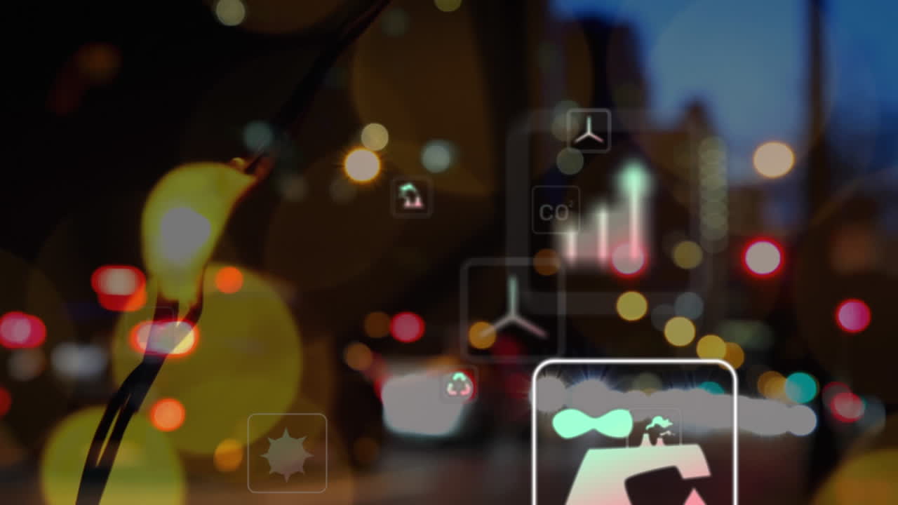 도시에서 거리에서 움직이는 차량과 흐릿한 렌즈 플레어에 대한 여러 아이콘의 애니메이션