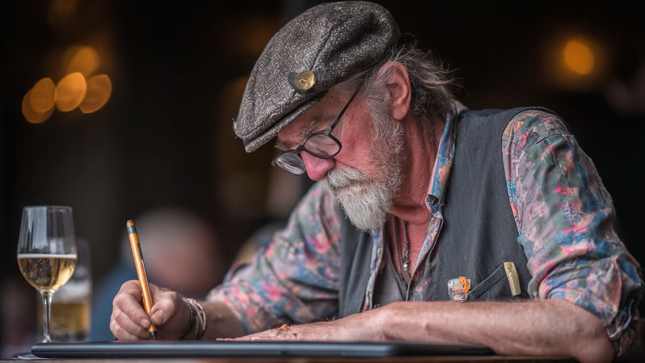 An Introspective Moment: An Elderly Man with a Distinctive Hat and Glasses Deep in Creative Thought While Writing at a Table with a Half-Filled Glass of Wine