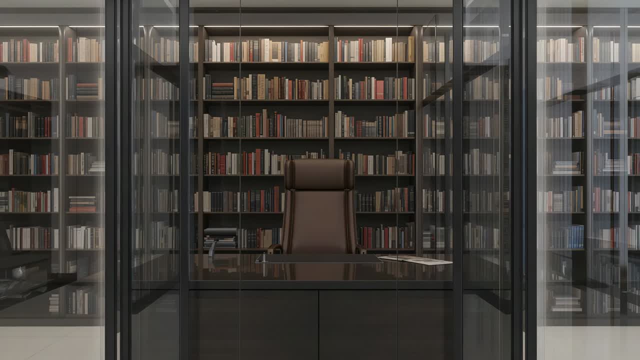 Camera starting gentle zoom, revealing executive chair, desk with papers and lamp, showing study