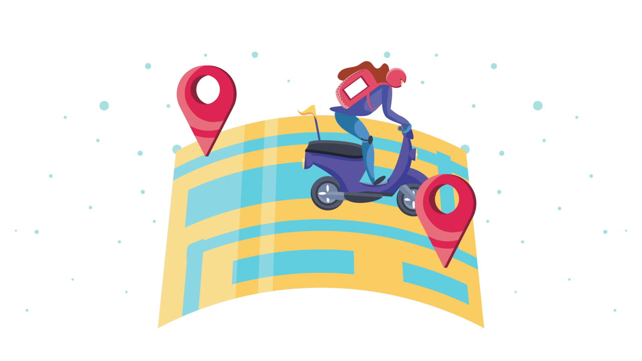 모터사이클 및 지도 애니메이션에서 배달 서비스 작업자