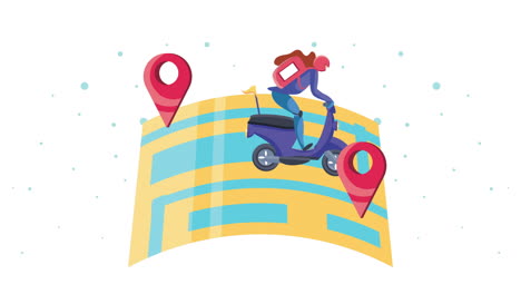 delivery service worker in motorcycle and map animation