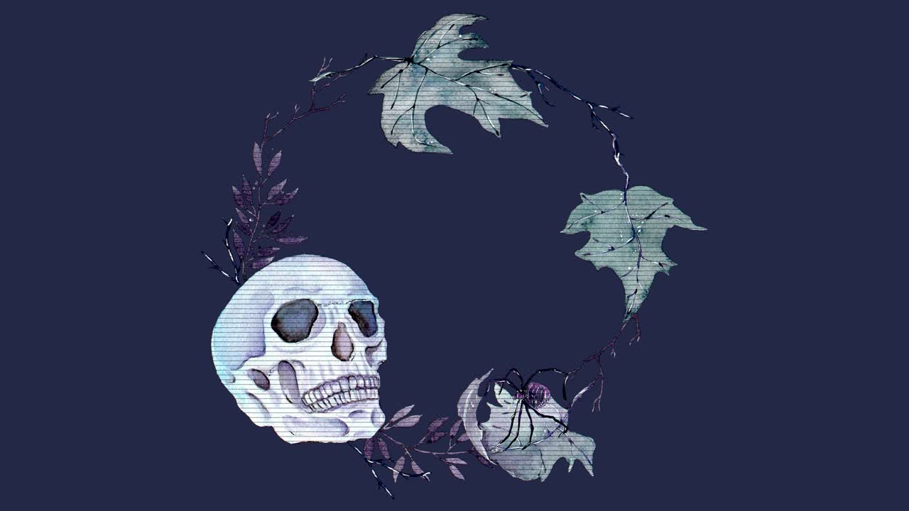 animación de halloween con cráneo de acuarela, flores, decoración ornamental en estilo boho vintage. animación de bucle sin costuras.