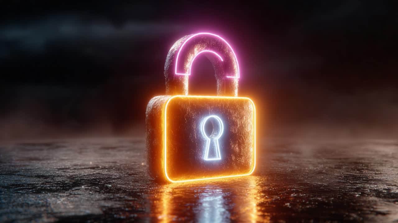 A Vibrant Neon Lock Illuminating the Darkness with a Glowing Keyhole: A Symbol of Security and Protection in a Futuristic Setting