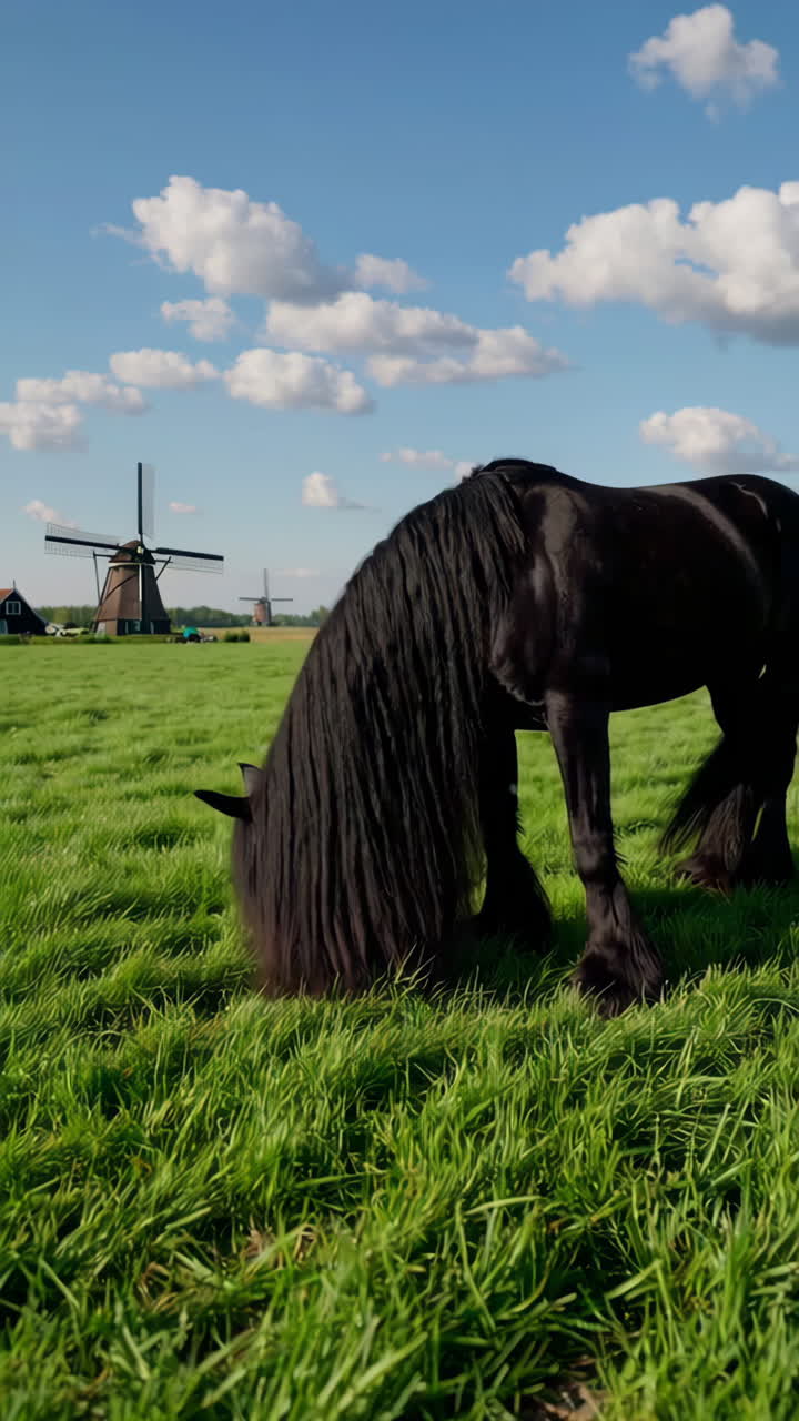 Black Horse in Dutch Countryside near Windmills