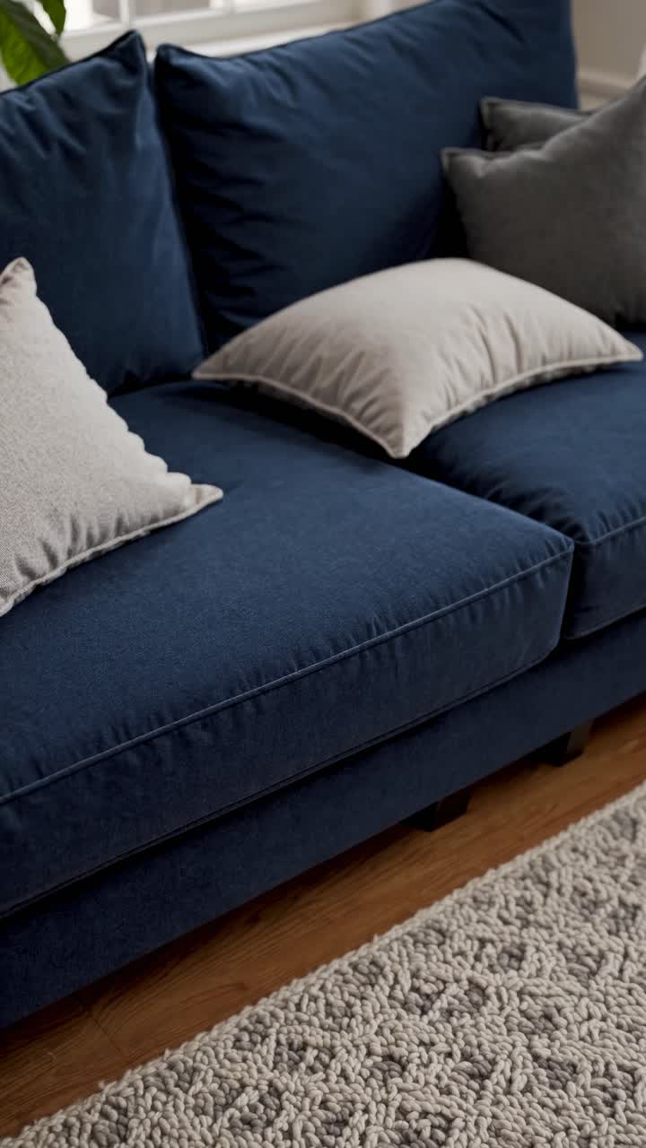 Cozy living room scene with a blue sofa and plush pillows, captured from a low angle