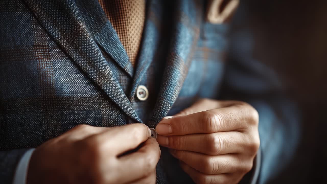 Penyesuaian Setelan Jas yang Elegan: Potret Dekat Seni Berpakaian untuk Acara Formal dengan Fokus pada Detail Jahitan dan Gaya Pribadi