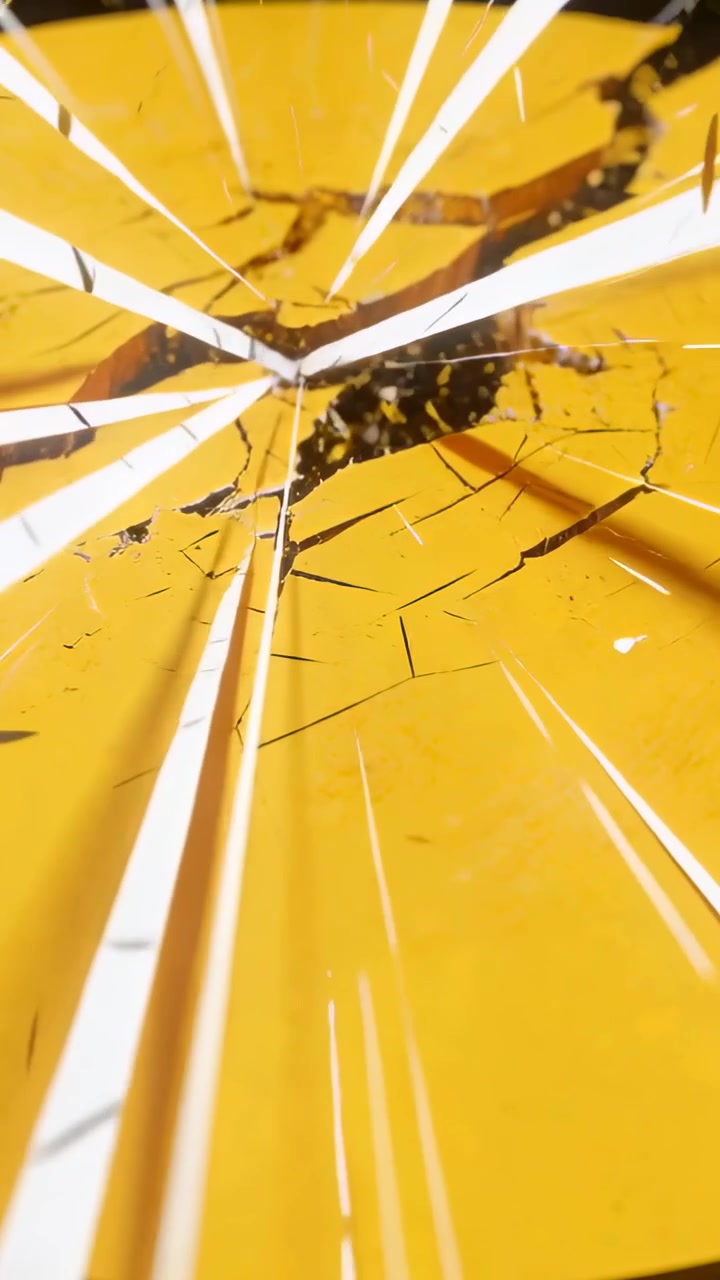 Video verticale: Disco giallo che si rompe proiettando schegge verso l'esterno dall'impatto in studio, mostrando un nucleo scuro