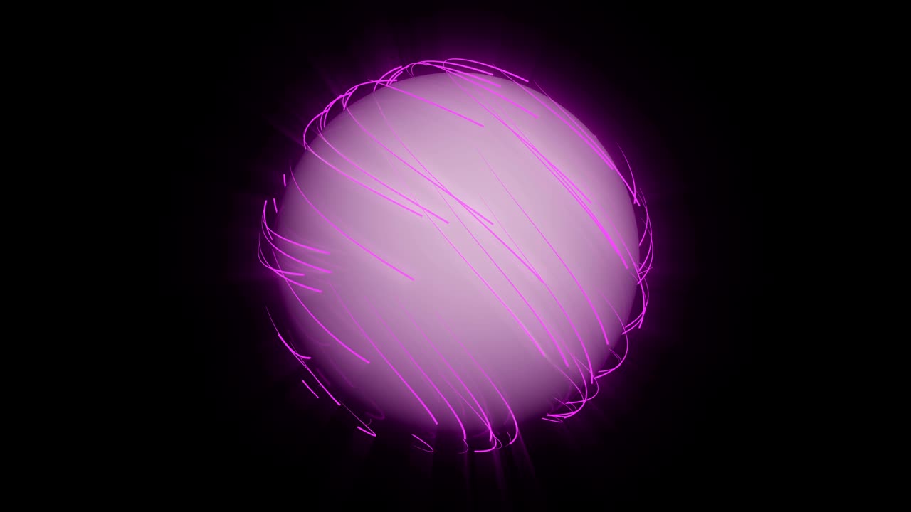 líneas de neón brillantes en 3d que se mueven alrededor de la esfera. animación con canal alfa
