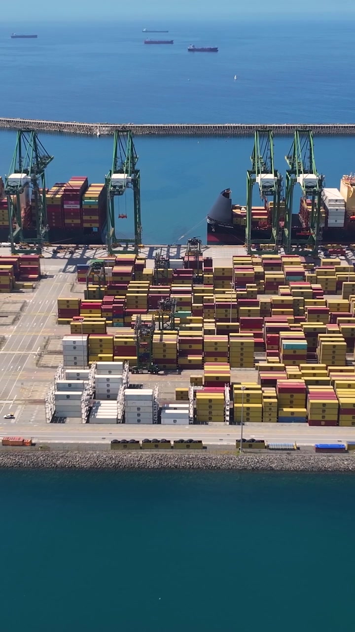 Contêineres de transporte sendo carregados e descarregados em um terminal de contêineres. Captura navios de carga chegando e partindo do porto durante o dia