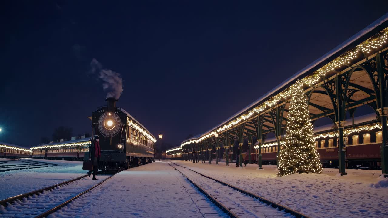 Nighttime video scene with a low-angle view of a woman near a festive, illuminated train