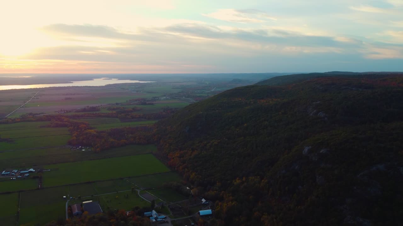 Aerial view of nightfall in the countryside next to Gatineau Park near Ottawa