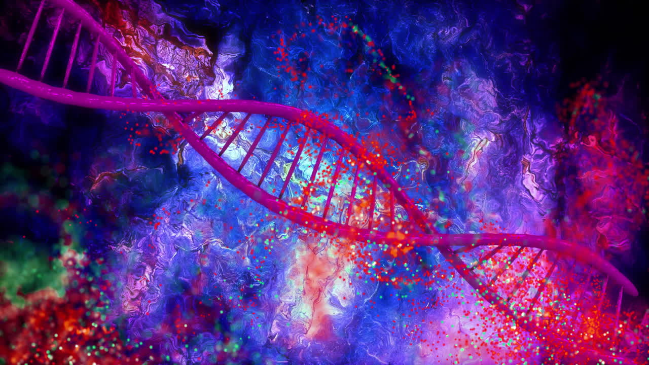 dna 줄무와 다채로운 입자, 과학 데이터 처리 애니메이션