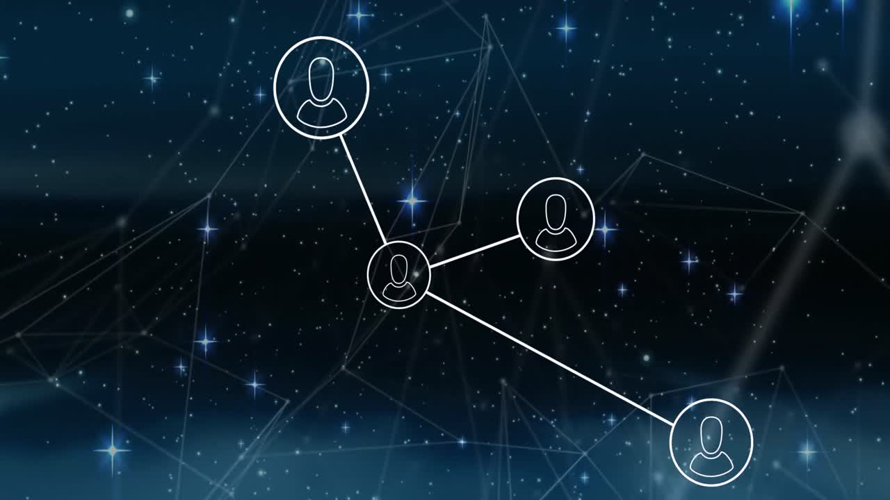 animación de la red de conexiones y iconos de perfil contra estrellas brillantes en fondo negro