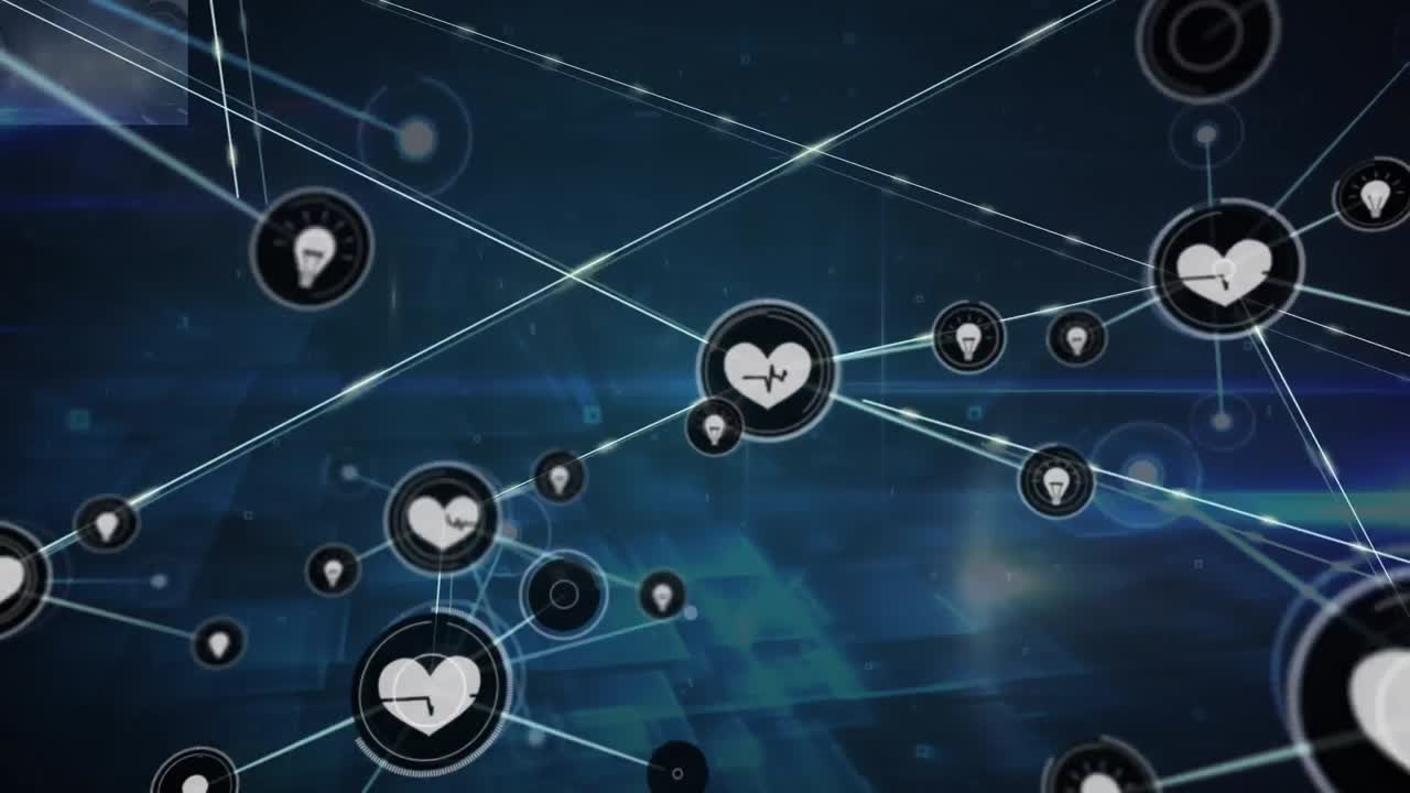 animación de una red de iconos digitales sobre formas cuadradas brillantes contra un fondo azul