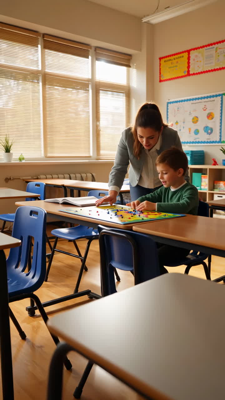 Teacher and student engaging in an educational activity in a classroom