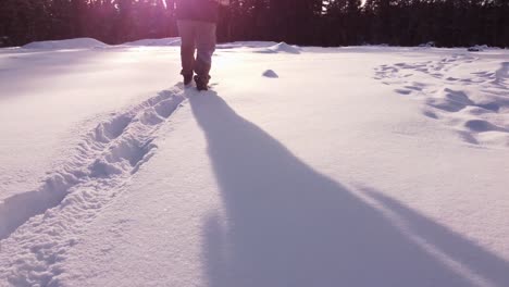 Man-sitting-on-a-chair-next-to-a-fire-and-lamp-in-a-forest-covered-with-snow