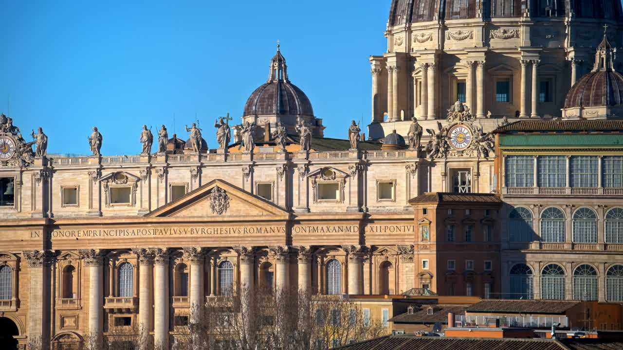 Aerial view of Vatican city from the distance. Saint Peter's Basilica at sunset. Rome, Italy