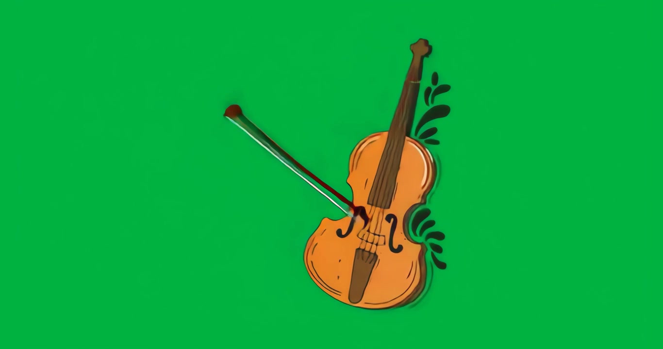 Music graphic showing violin floating over transparent backdrop with blue pixel splashes