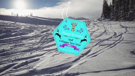 animación de felicitaciones de navidad en la etiqueta sobre el paisaje de invierno