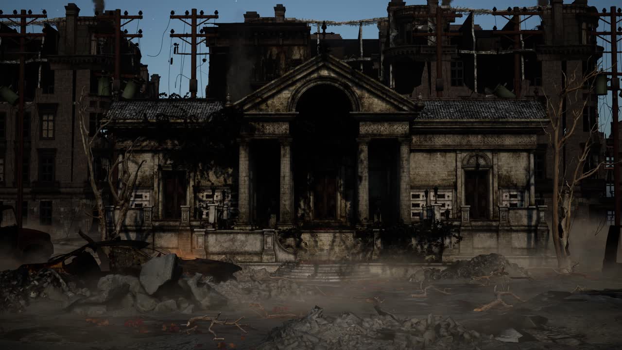 una distópica destruida ciudad en ruinas y monumento en la noche, con escombros, coches dañados, humo y fuego, animación 3d, escena animada, cámara zoom en