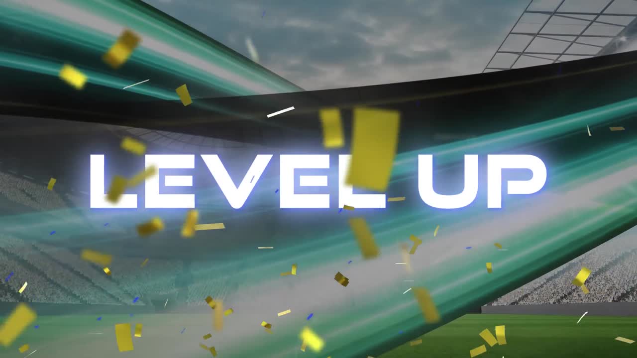 스포츠 경기장 위로 떨어지는  ⁇ 색과 금색 콘페티의 단어 수준의 애니메이션