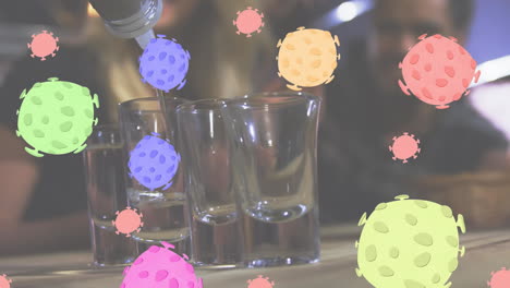 animation of cartoon macro covid-19 cells floating over a bartender pouring alkohol into shots