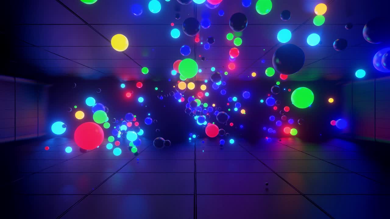 fondo de animación creativa abstracta 3d con brillo de neón esferas multicolores dentro de la cámara, paredes reflectantes. bolas luminosas vuelan dentro de la habitación oscura. orbes de luz de neón vuelan hermosamente.
