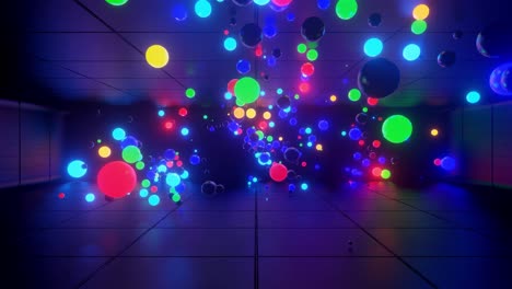 3d abstract creative animation background with neon glow multi-colored spheres inside camera, reflecting walls. luminous balls fly inside dark chamber. neon light orbs fly beautifully.