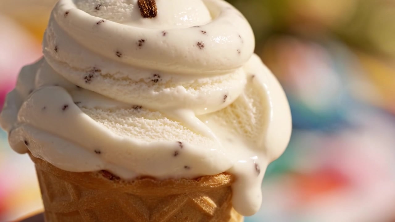 Casquinha de Sorvete Deliciosamente Cremosa com Redemoinhos de Baunilha e Gotas de Chocolate Perfeitamente Coberta com um Floco de Chocolate em um Cenário Colorido