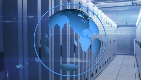 animation of globe in circle and computer language over data server room
