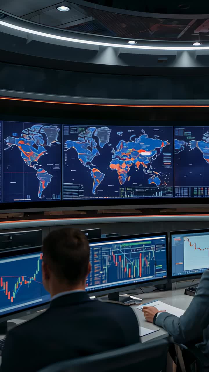Vertical video: Analyst scrolling charts after data alert in control center, with world map display