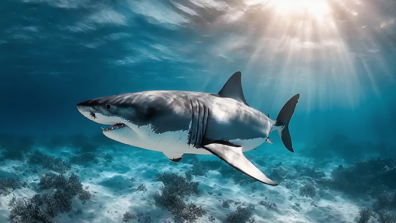 A magnificent great white shark gracefully glides through the crystal-clear waters, showcasing its powerful physique and predatory prowess under the shimmering sunlight