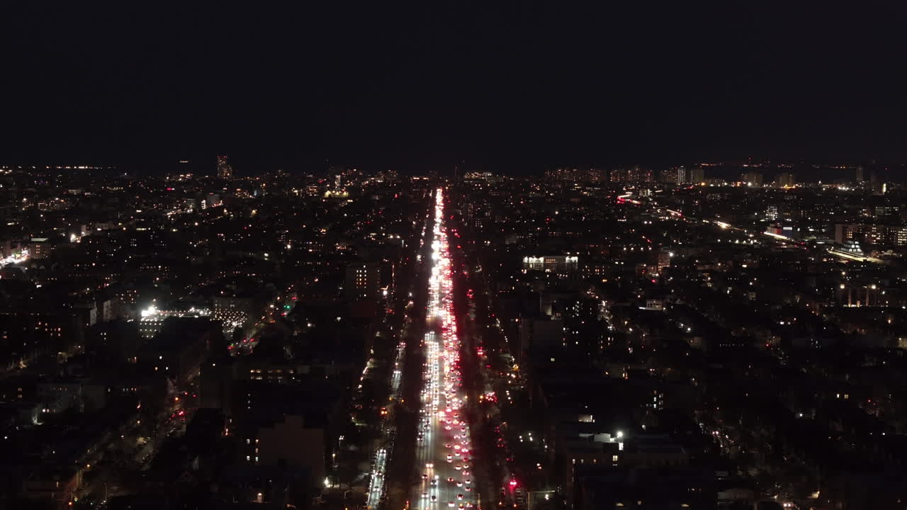 Aerial view of a traffic jam in Brooklyn at night.