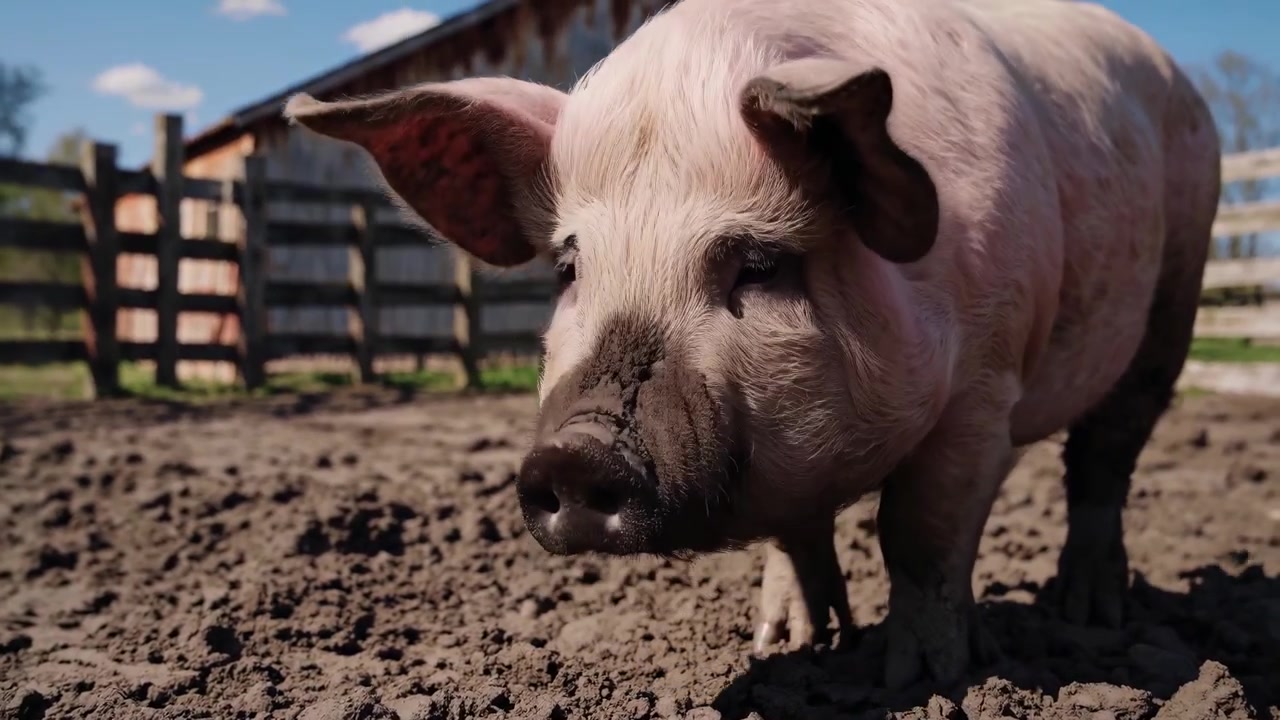 Cerdo rosado buscando alimento en un corral de granja embarrado