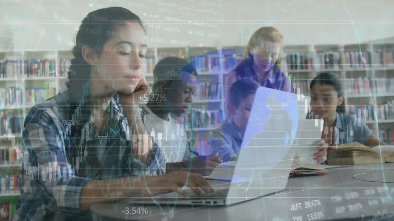 노트북을 사용하는 다양한 학생들에 대한 데이터 처리 애니메이션