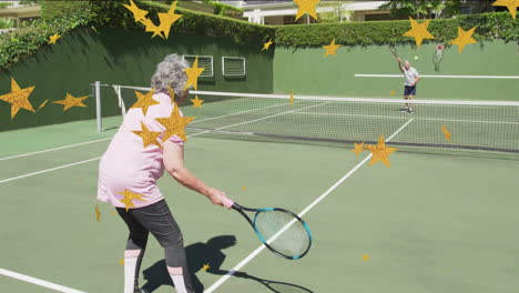 senior couple playing tennis on court, highlighting sports fitness with gold star graphics