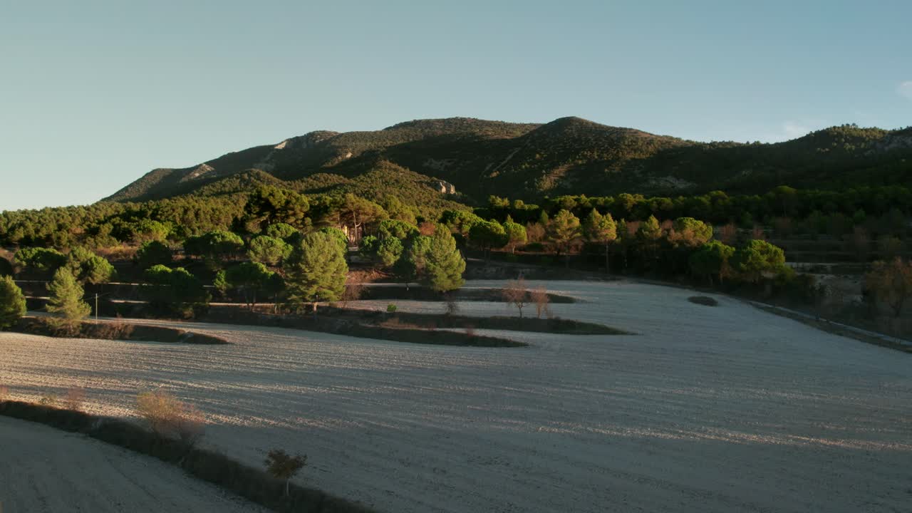 Drone che si avvicina alla montagna di pini Fuente Roja, Sierra Mariola, Alcoy, Alicante, Spagna