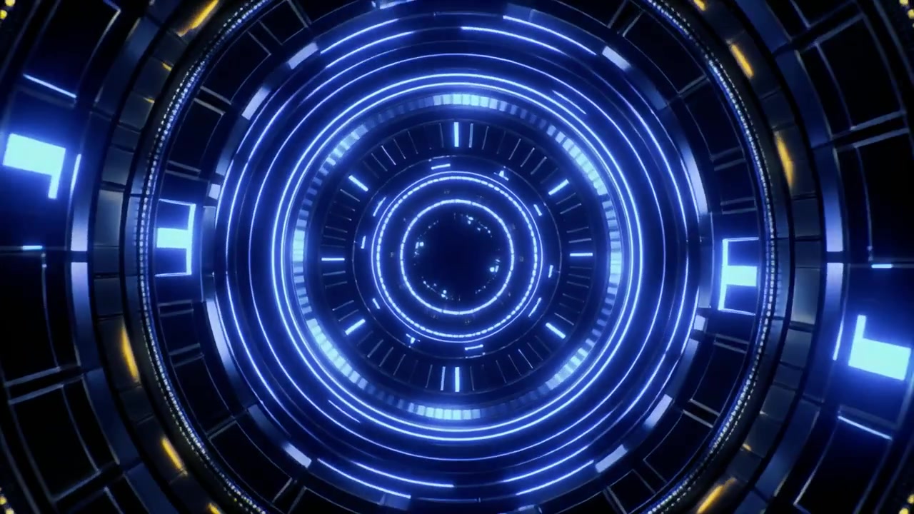 Tunnel futuristico astratto con luci circolari al neon blu luminose