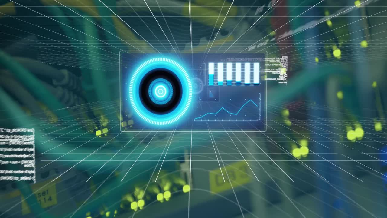 animación de la pantalla con escaneo de alcance y procesamiento de datos en primer plano del servidor de computadora