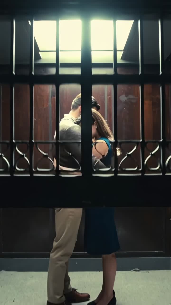 Video verticale: Telecamera che si allontana mostrando una coppia romantica che si abbraccia in ascensore per rivelare un cancello.