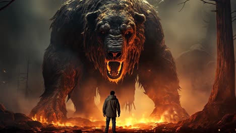 fearless explorer confronts a massive bear in a fiery landscape