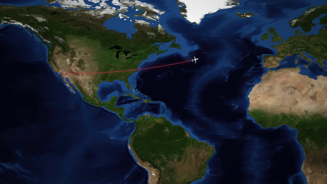 Satellite world map animation shows a plane flying from Los Angeles to Dublin across Atlantic