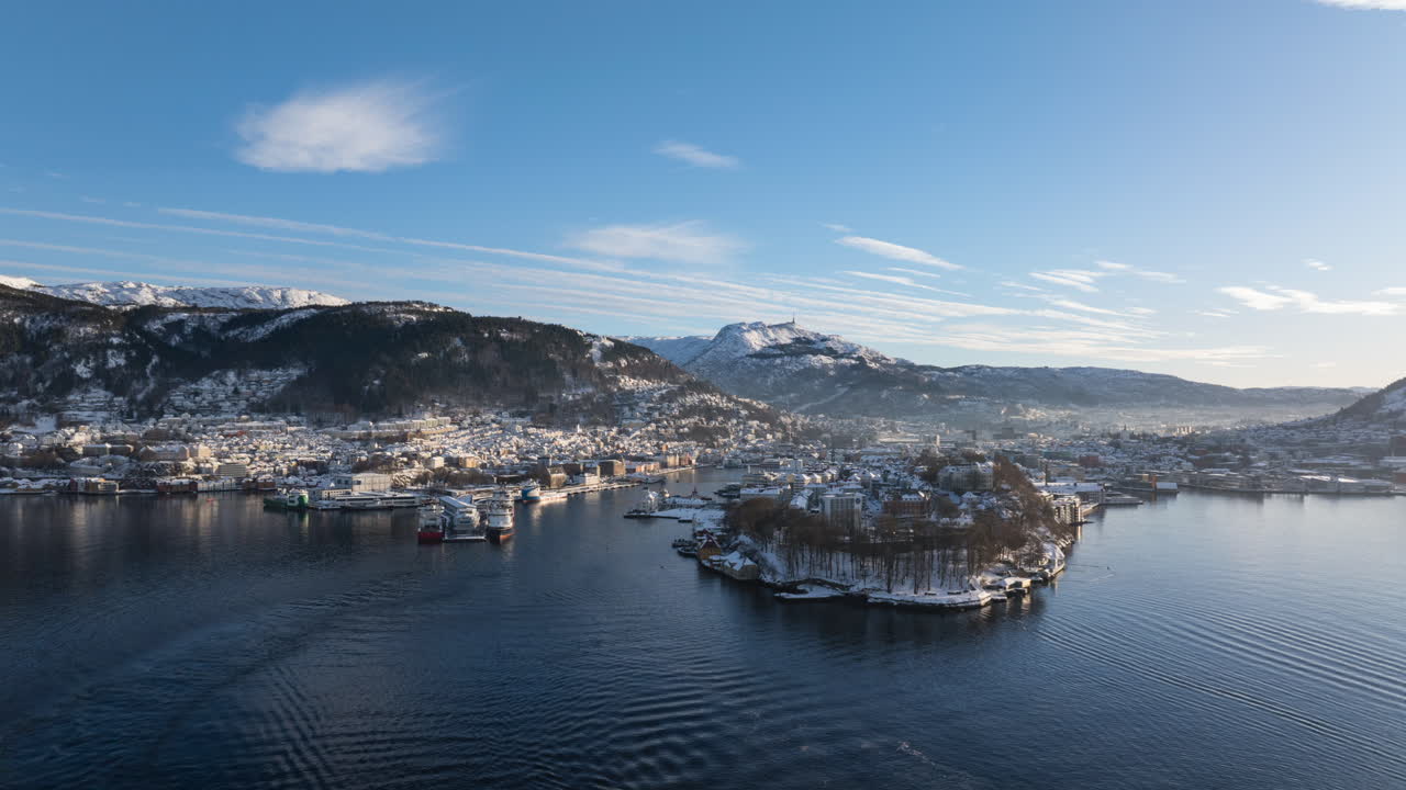 Aerial hyperlapse establishing shot of Bergen on a beautiful winter day