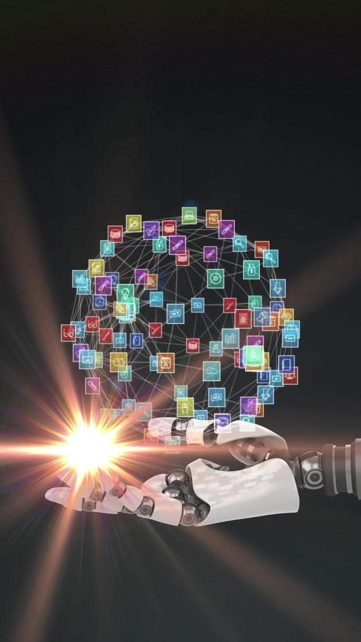 Animation of network of media icons over hand of robot arm, with moving light on dark background