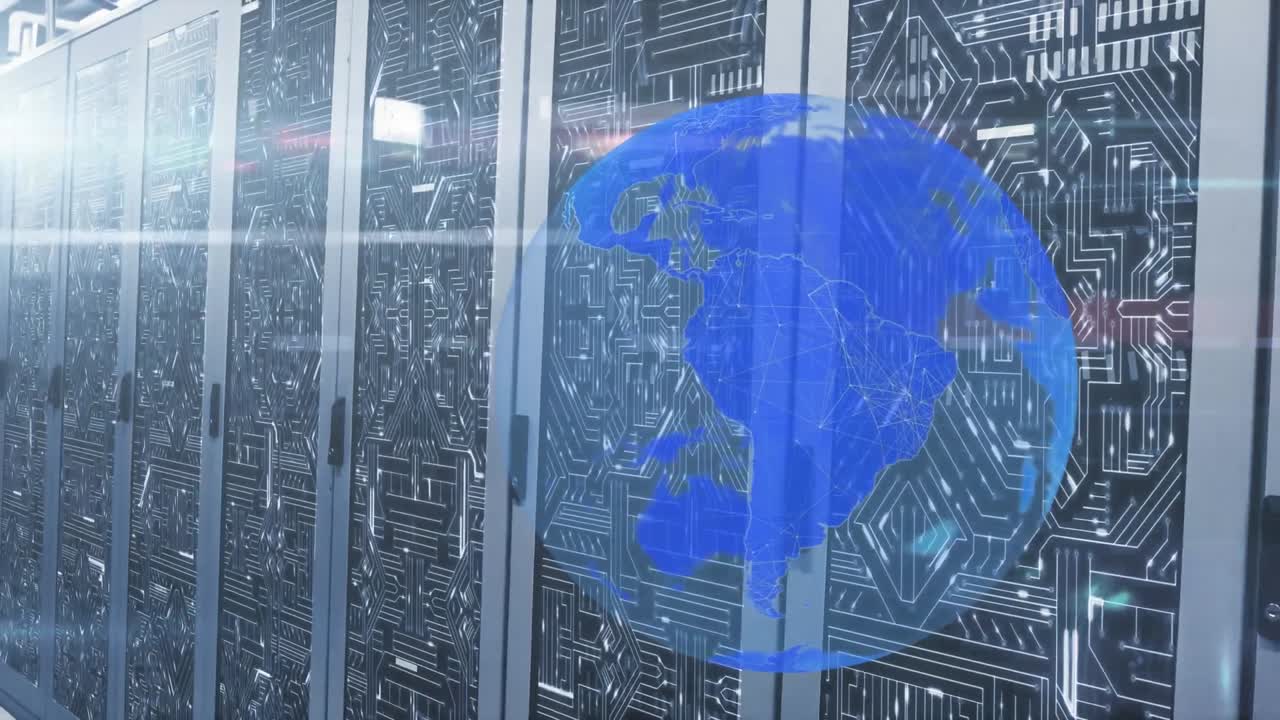 서버 방 위의 지구와 빛의 반점의 애니메이션