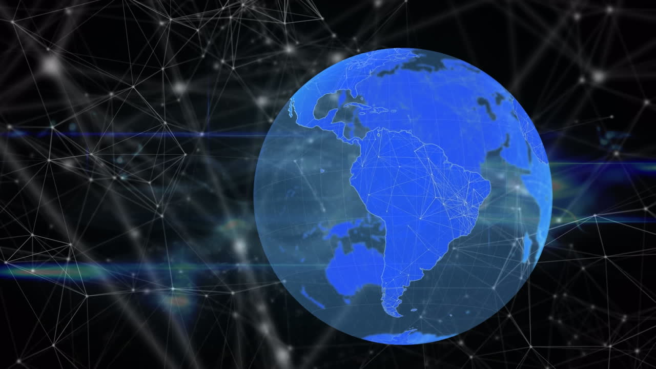 анимация глобуса и сети соединений над светящейся синей цифровой волной на черном фоне.