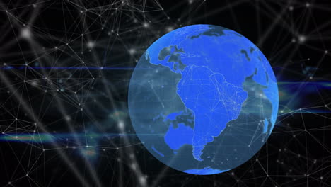 animación del globo y la red de conexiones sobre una onda digital azul brillante sobre un fondo negro.