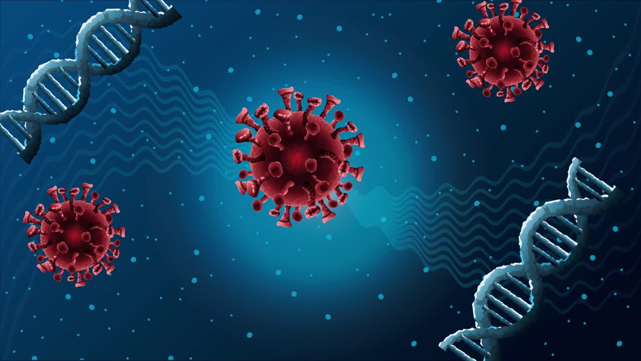 covid19 pandemic particles pattern with dna molecules animated