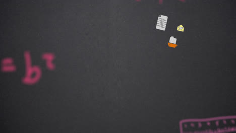 animation of school bag icons and mathematical equations against smoke effect with copy space